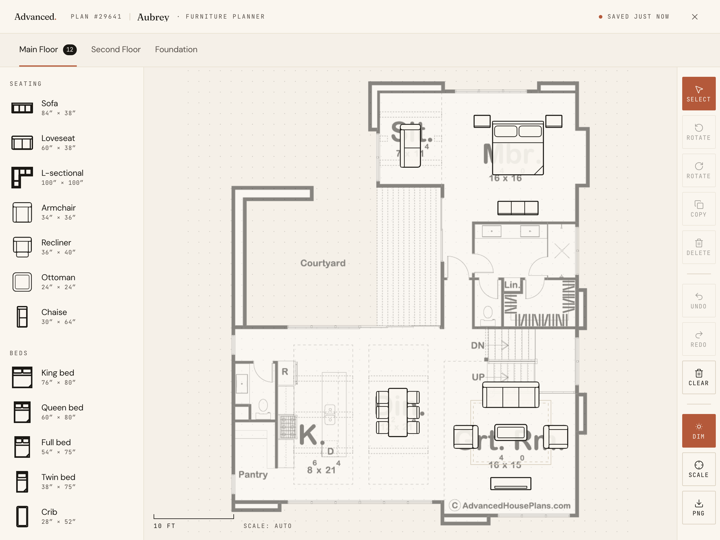 The furniture planner with a sofa, dining table, and king bed placed on a floor plan