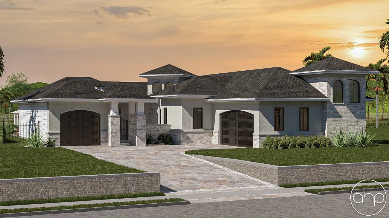 1 Story Mediterranean House Plan | Santa Rosa, image size:1300x731
