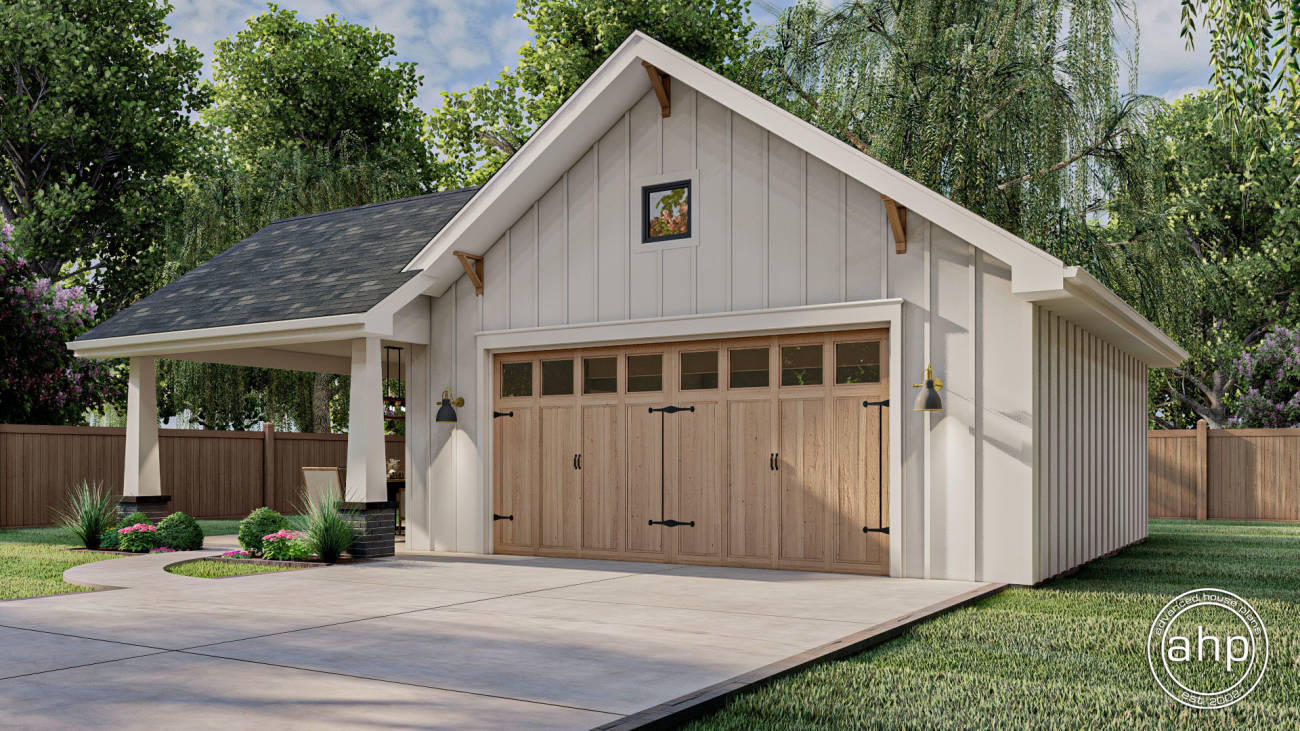 2 Car Traditional Garage Plan with Carport/ Outdoor Living area | Caldwell, image size:1300x731