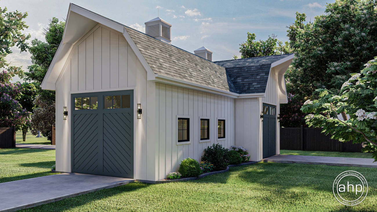 2 Car Drive Through Farmhouse Style Garage Plan with Oversized Garage Doors | Blanco