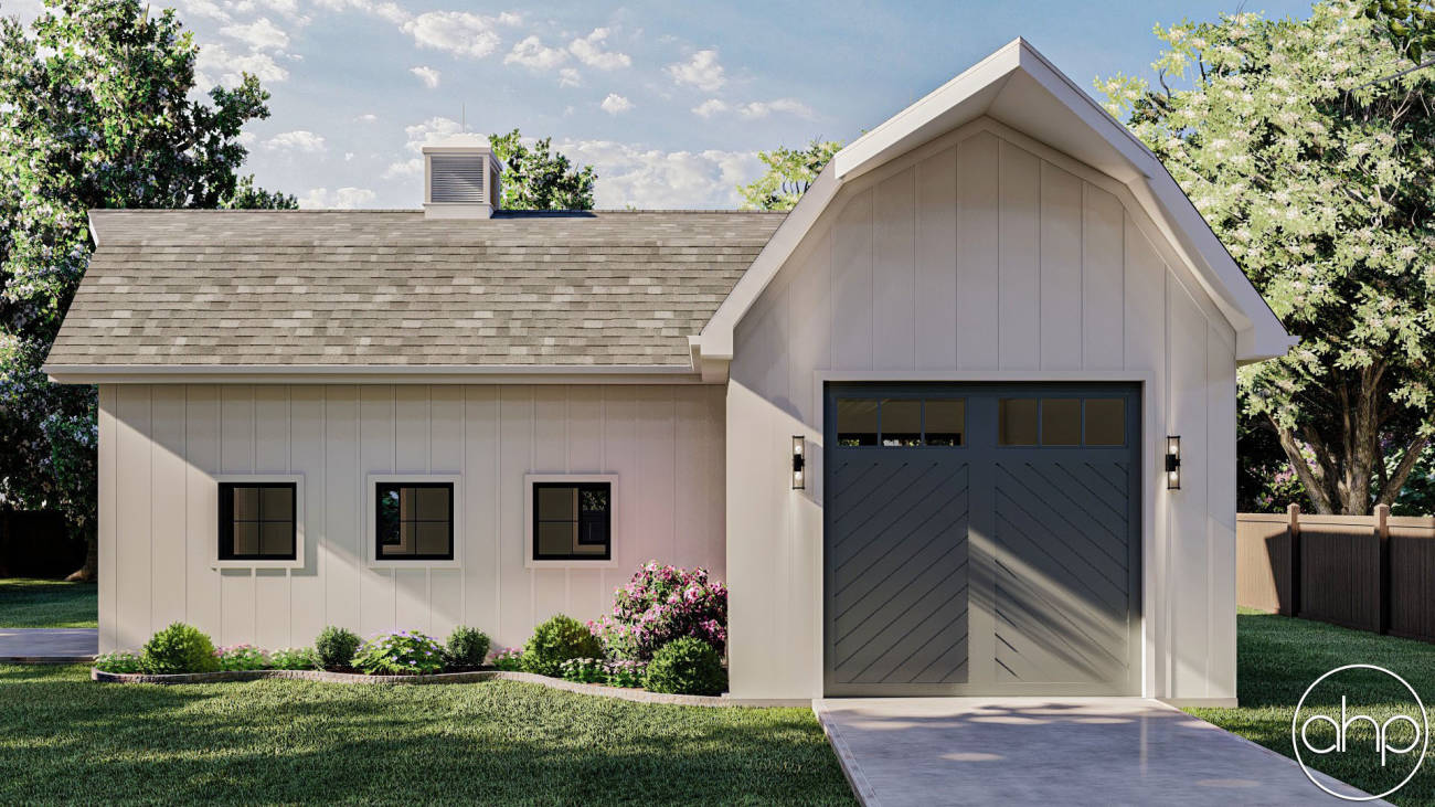 2 Car Drive Through Farmhouse Style Garage Plan with Oversized Garage Doors | Blanco