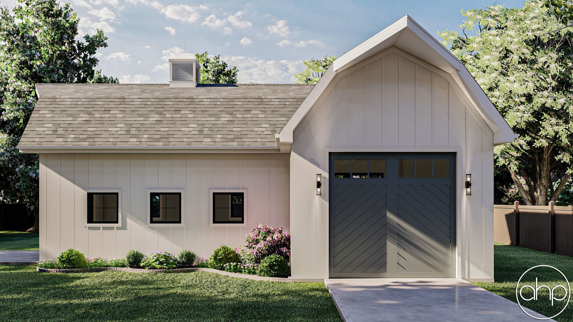 2 Car Drive Through Farmhouse Style Garage Plan with Oversized Garage Doors | Blanco