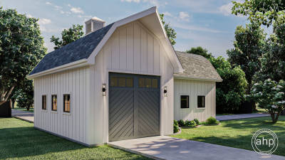 2 Car Drive Through Farmhouse Style Garage Plan with Oversized Garage Doors | Blanco