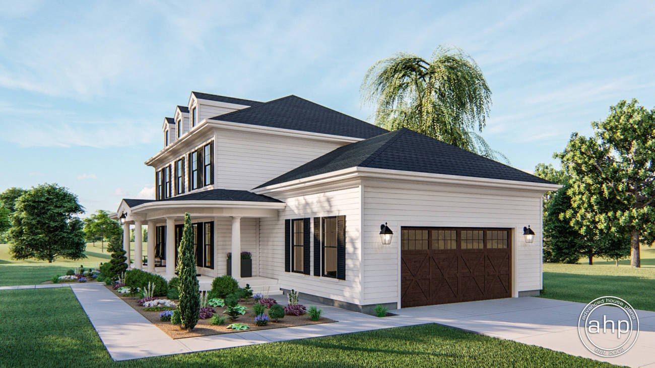 3 Bedroom 2 Story Southern Colonial House Plan with Study and Wrap Around  Porch| Charleston, image size:1300x731