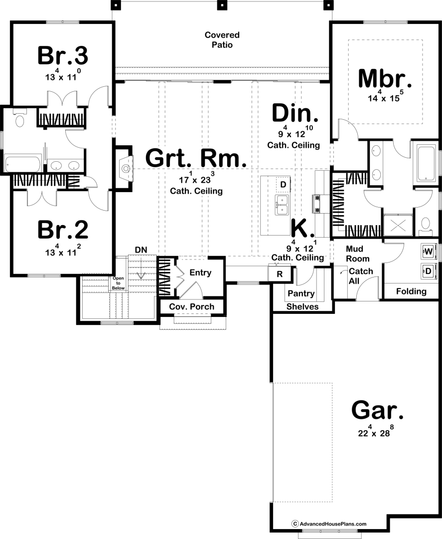 1 Story Modern Cottage Style House Plan with Open Floor Plan and Large rear Patio | Martinson
