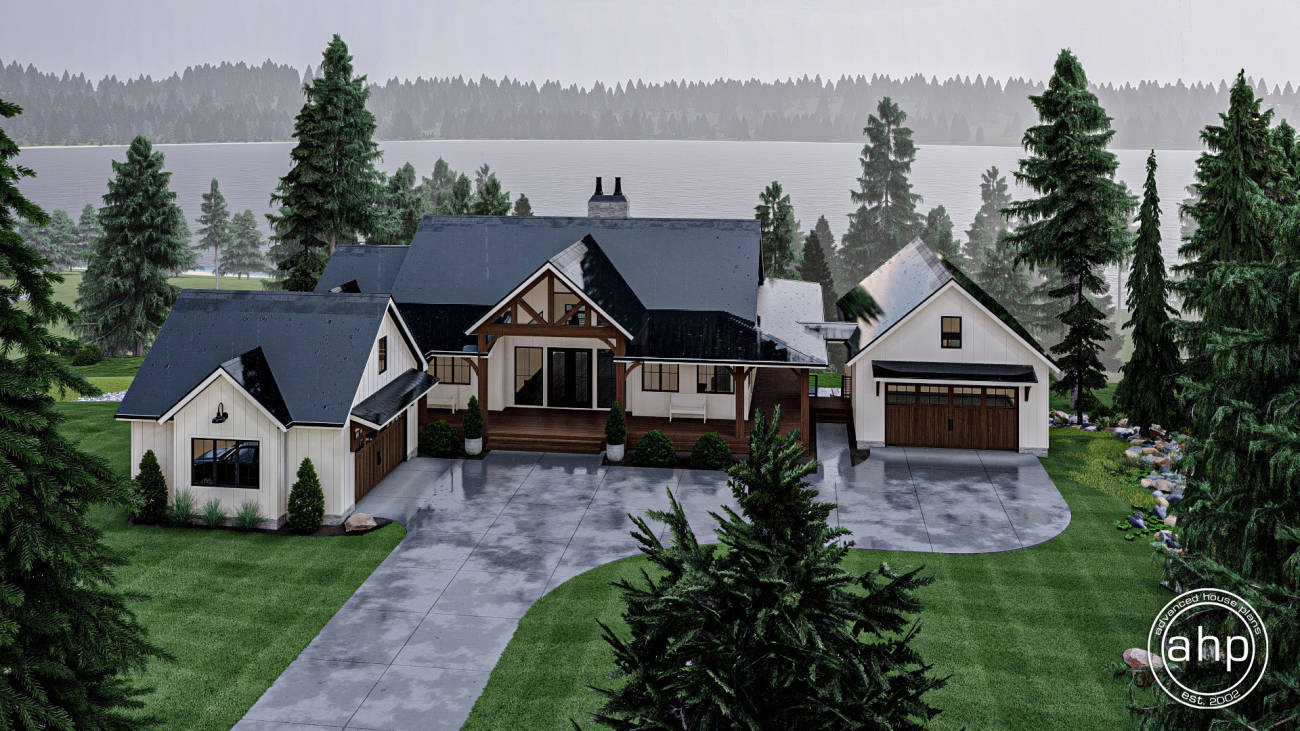 1 Story Modern Farmhouse Lake House Plan with Wraparound Covered Deck |  Valley View, image size:1300x731
