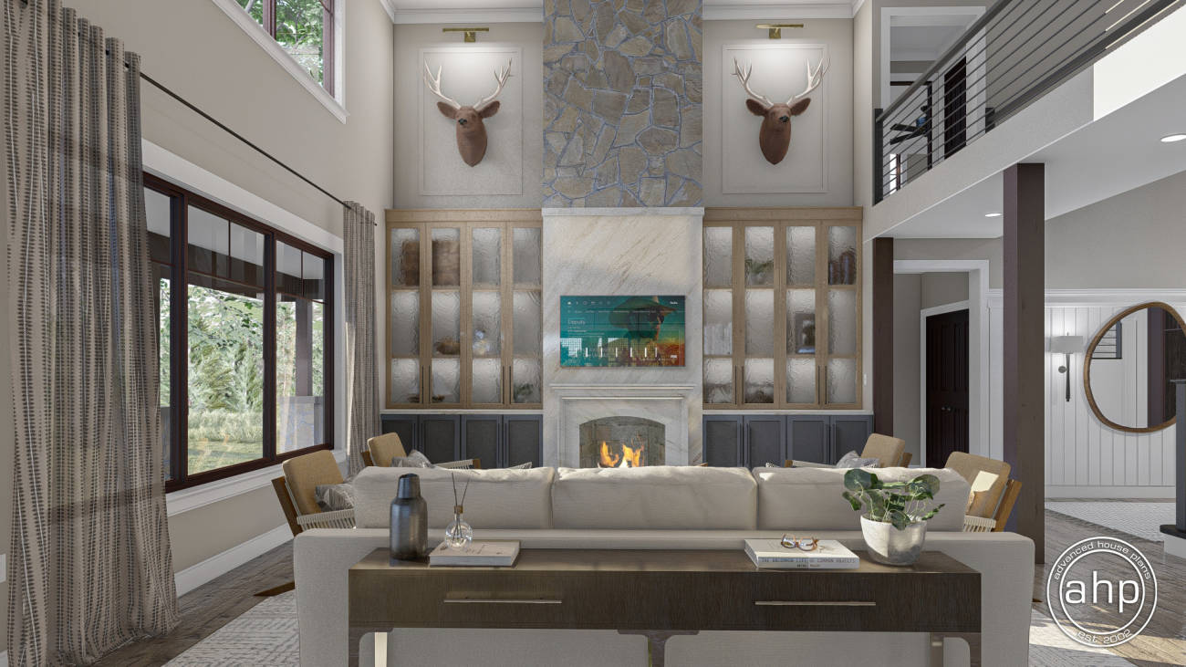 Longhorn Ranch house plan rendering: Great room · Barndominium · 4,450 sq ft