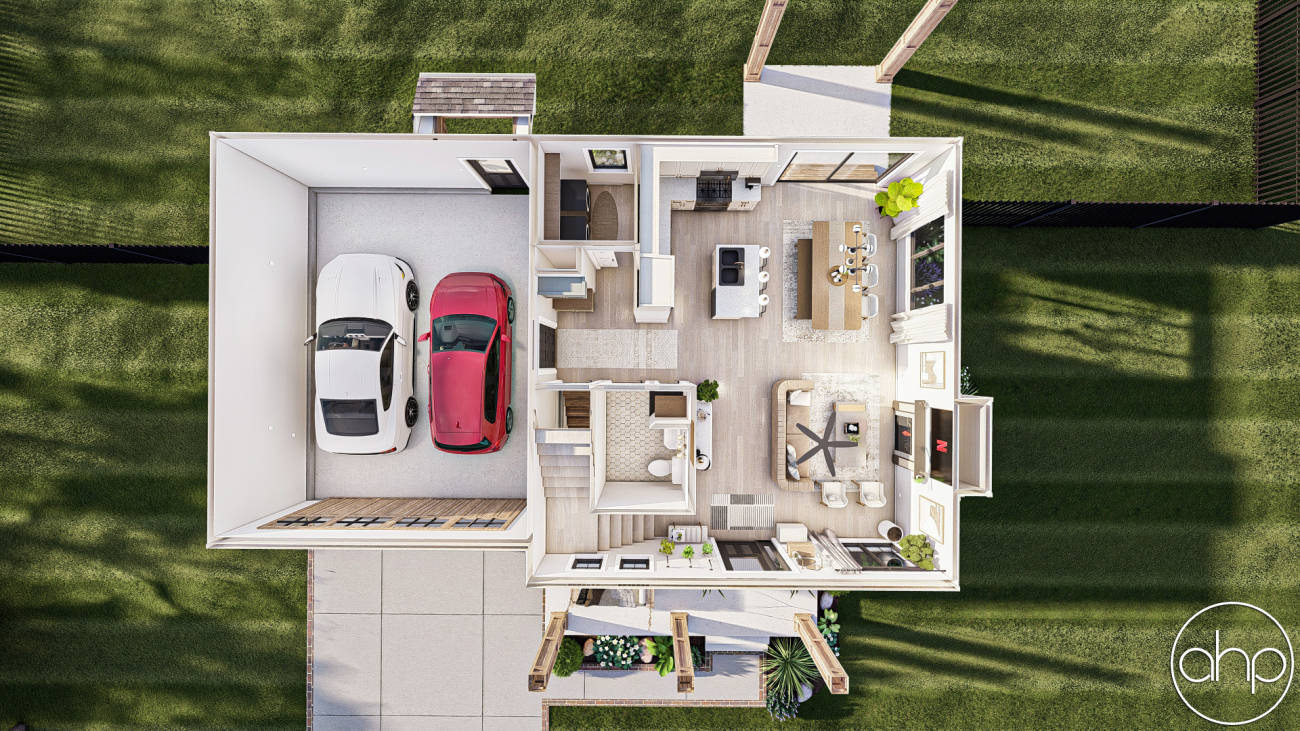 Simple House Plan With 2 Bedrooms And Garage 3d