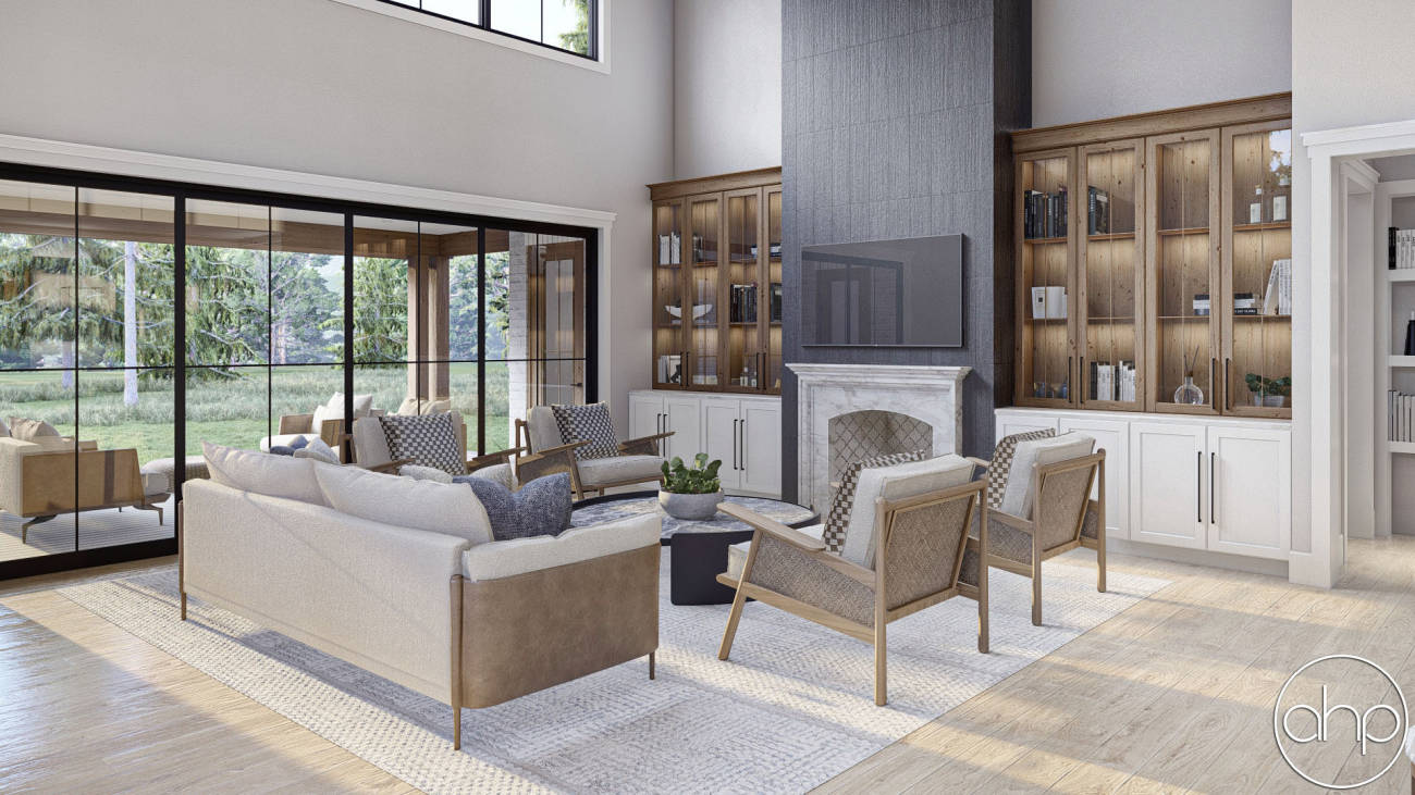 Vaughan house plan rendering: Great room · French Country · 4,817 sq ft